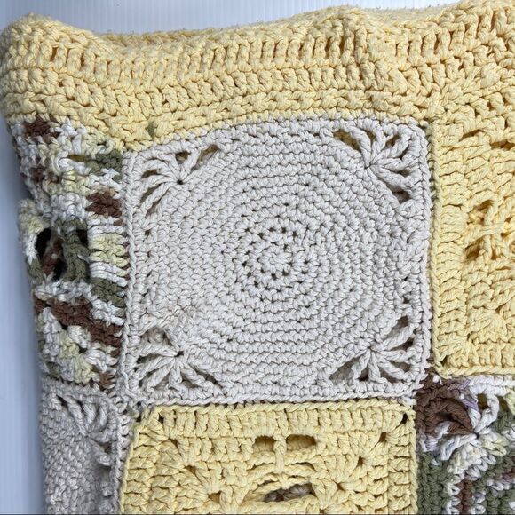 Handmade Crochet COTTON Afghan Cottage Yellow Off-White Multi Cabin 49" x 76" - Picture 7 of 8